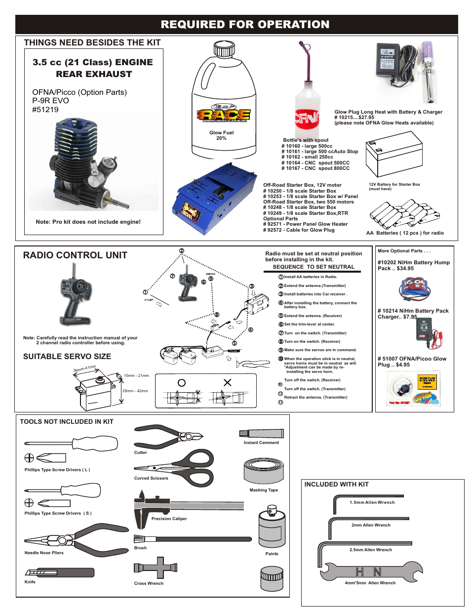 Required for operation, Radio control unit, Things need besides the kit | 5 cc (21 class) engine rear exhaust, Suitable servo size | OFNA Racing Ultra GTP RTR User Manual | Page 3 / 28