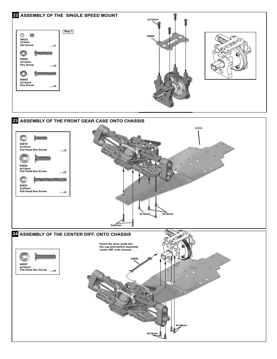 22 assembly of the single speed mount, 24 assembly of the center diff. onto chassis 23, Assembly of the front gear case onto chassis | OFNA Racing Ultra GTP2e User Manual | Page 12 / 25