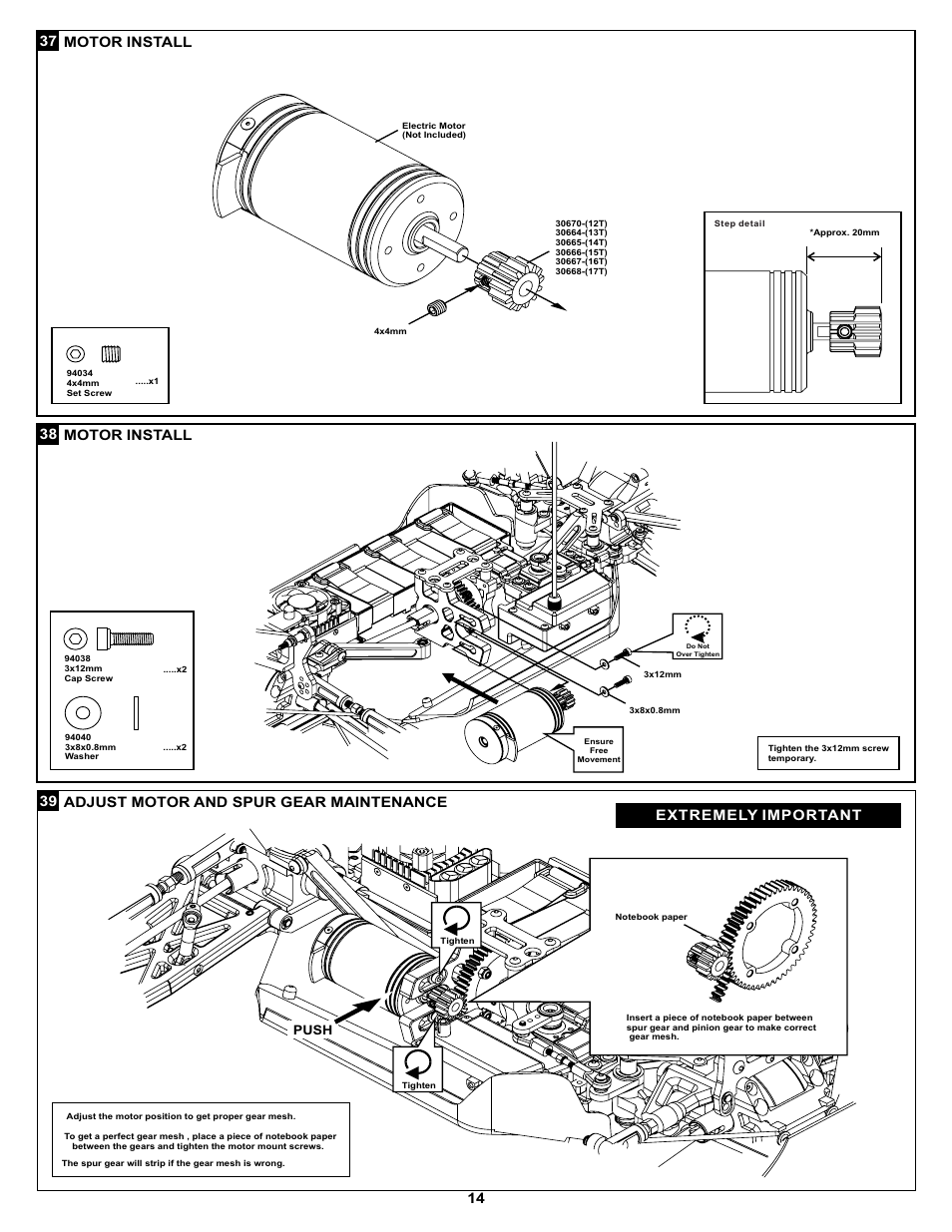 38 motor install 37 motor install, 39 adjust motor and spur gear maintenance, Extremely important | Push | OFNA Racing Ultra GTP2e User Manual | Page 17 / 25