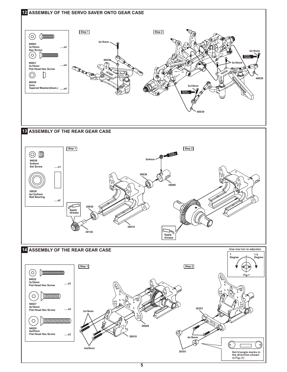 12 assembly of the servo saver onto gear case, 13 assembly of the rear gear case, 14 assembly of the rear gear case | OFNA Racing Ultra LX 1e User Manual | Page 10 / 27