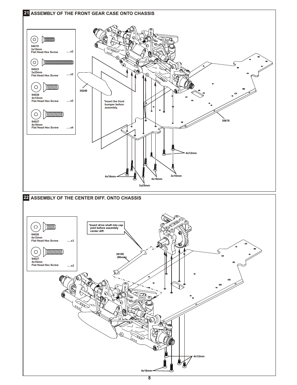 21 assembly of the front gear case onto chassis, 22 assembly of the center diff. onto chassis | OFNA Racing Ultra LX 1e User Manual | Page 13 / 27