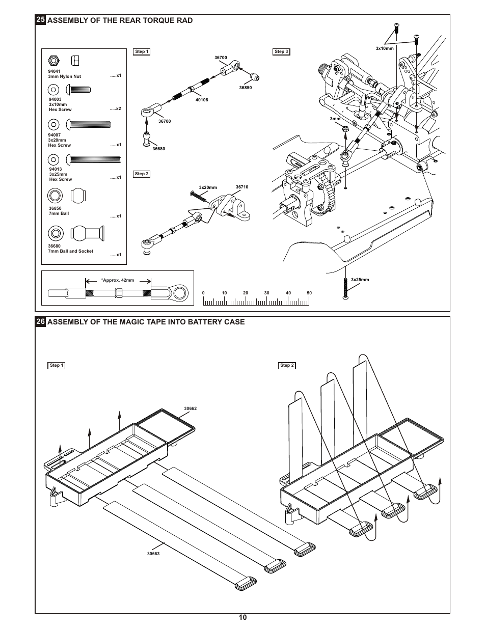 Assembly of the rear torque rad, 26 assembly of the magic tape into battery case | OFNA Racing Ultra LX 1e User Manual | Page 15 / 27
