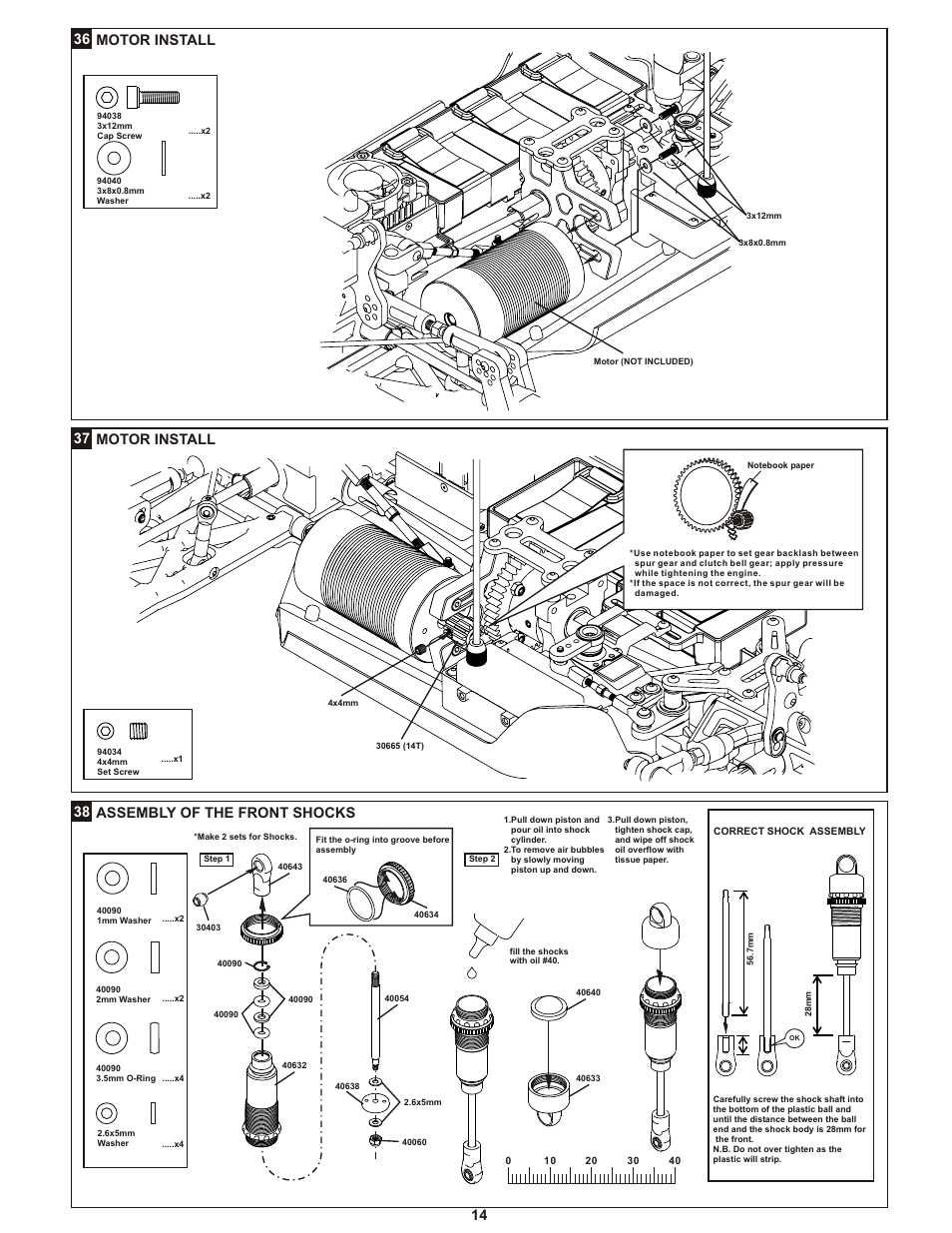 37 motor install 36 motor install, 38 assembly of the front shocks | OFNA Racing Ultra LX 1e User Manual | Page 19 / 27
