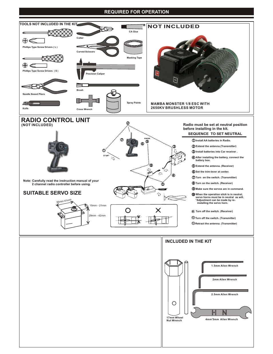 Radio control unit, Suitable servo size, Required for operation | Not included, Included in the kit | OFNA Racing Ultra LX 1e User Manual | Page 2 / 27
