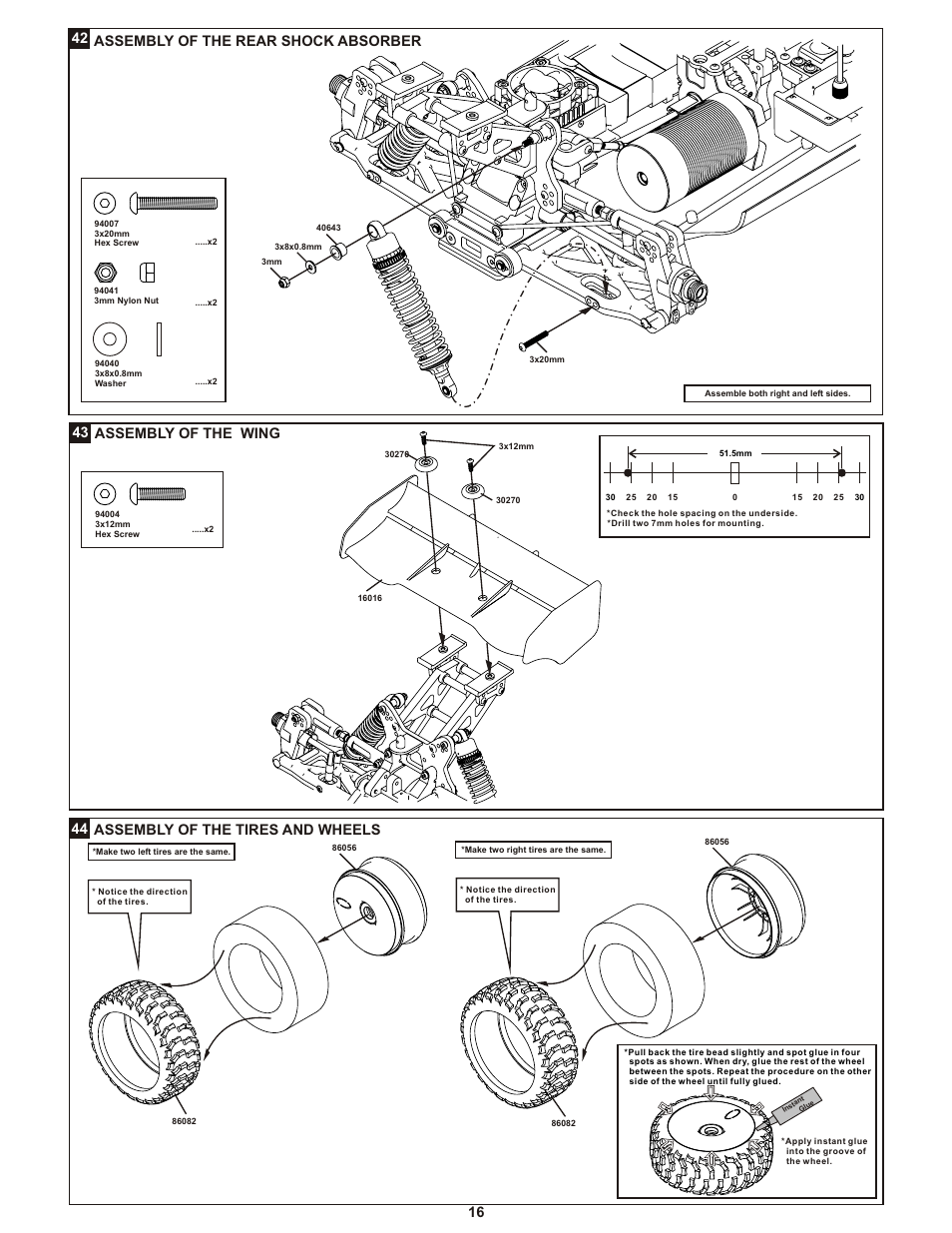 16 42 assembly of the rear shock absorber, 43 assembly of the wing, 44 assembly of the tires and wheels | OFNA Racing Ultra LX 1e User Manual | Page 21 / 27