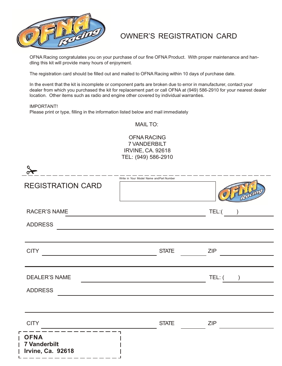 Owner’s registration card registration card | OFNA Racing Ultra LX 1e User Manual | Page 27 / 27