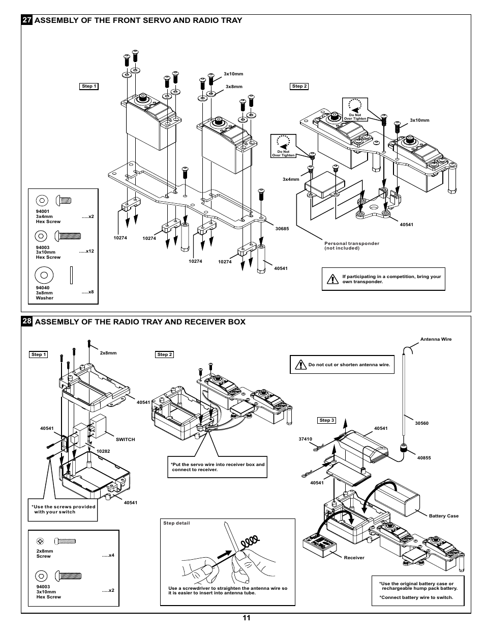 27 28 assembly of the radio tray and receiver box, Assembly of the front servo and radio tray 11 | OFNA Racing Ultra LX 2 User Manual | Page 17 / 35