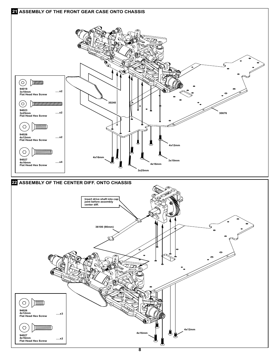21 assembly of the front gear case onto chassis, 22 assembly of the center diff. onto chassis | OFNA Racing Ultra LX 2e 80% User Manual | Page 14 / 36