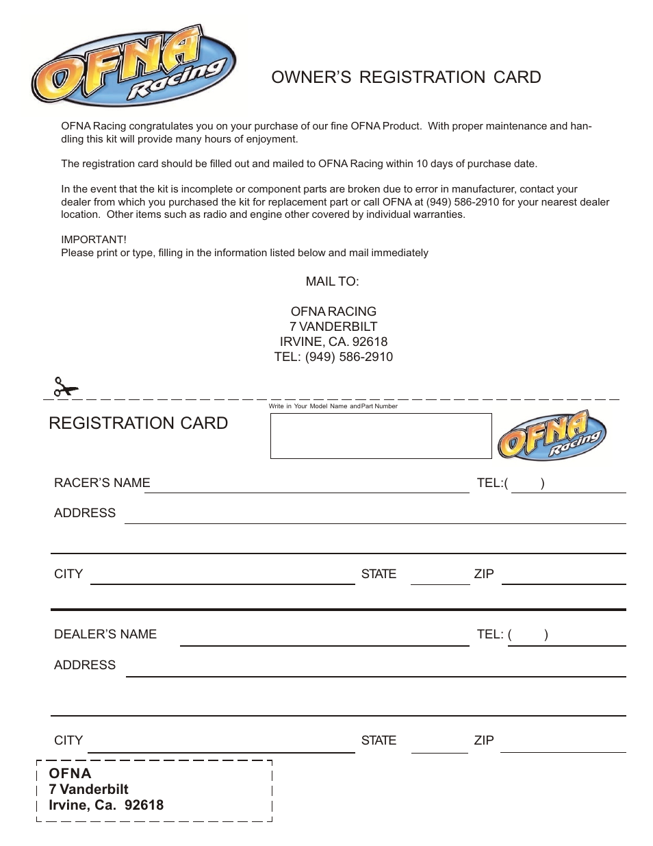 Owner’s registration card registration card | OFNA Racing Ultra LX 2e 80% User Manual | Page 35 / 36