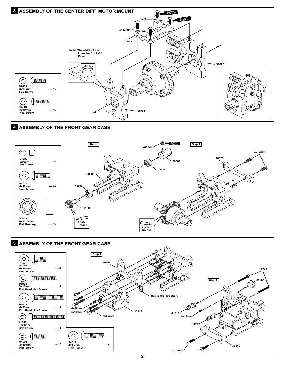 3assembly of the center diff. motor mount, 4assembly of the front gear case, 5assembly of the front gear case | OFNA Racing Ultra LX 2e 80% User Manual | Page 8 / 36