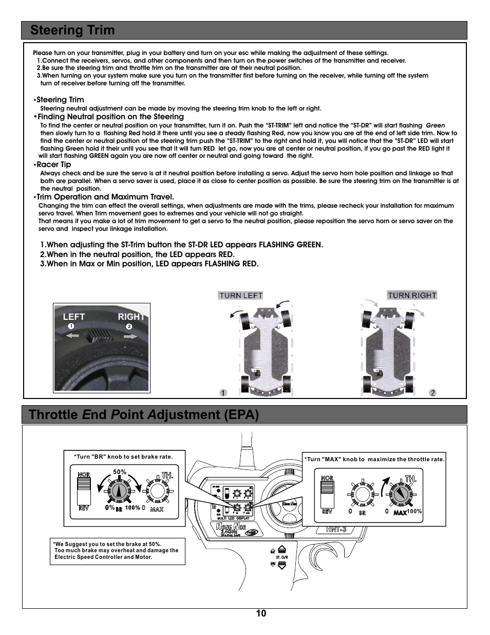 Steering trim, Throttle e nd p oint a djustment (epa), Left right | OFNA Racing Ultra LX 2e RTR User Manual | Page 10 / 44