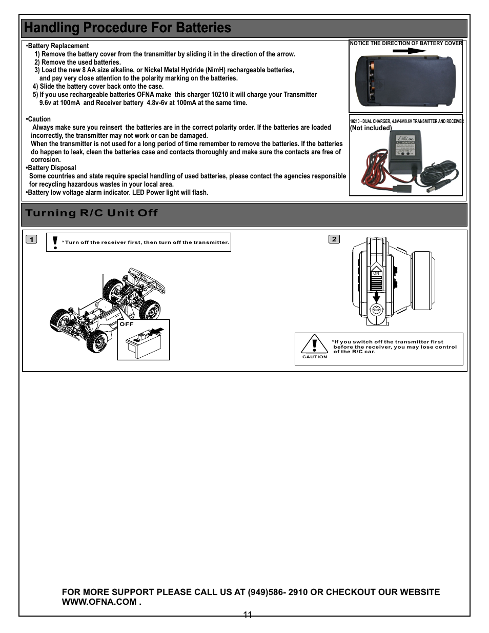 Handling procedure for batteries, Turning r/c unit off | OFNA Racing Ultra LX 2e RTR User Manual | Page 11 / 44