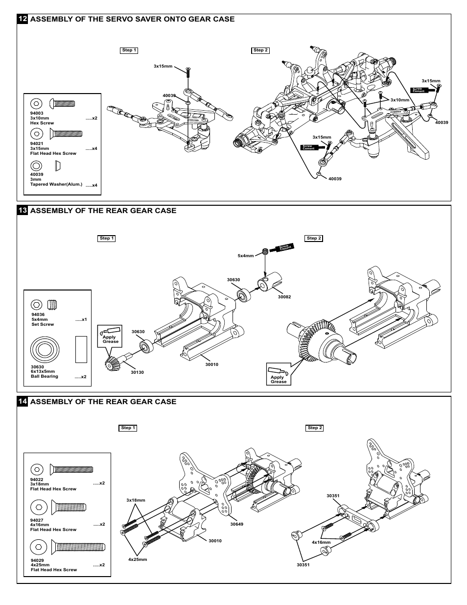 12 assembly of the servo saver onto gear case, 13 assembly of the rear gear case, 14 assembly of the rear gear case | OFNA Racing Ultra LX 2e RTR User Manual | Page 19 / 44