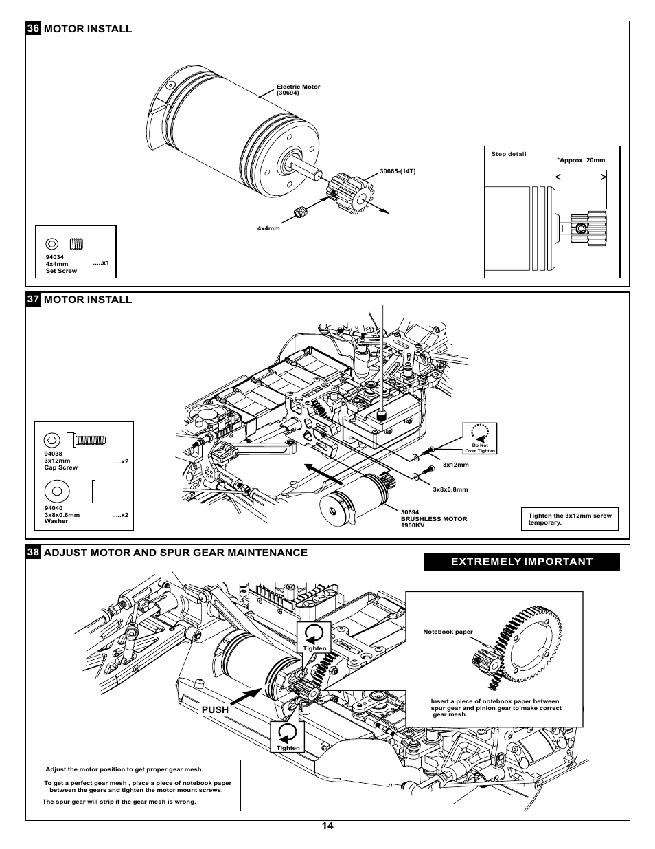 37 motor install 36 motor install, 38 adjust motor and spur gear maintenance, Extremely important | Push | OFNA Racing Ultra LX 2e RTR User Manual | Page 28 / 44