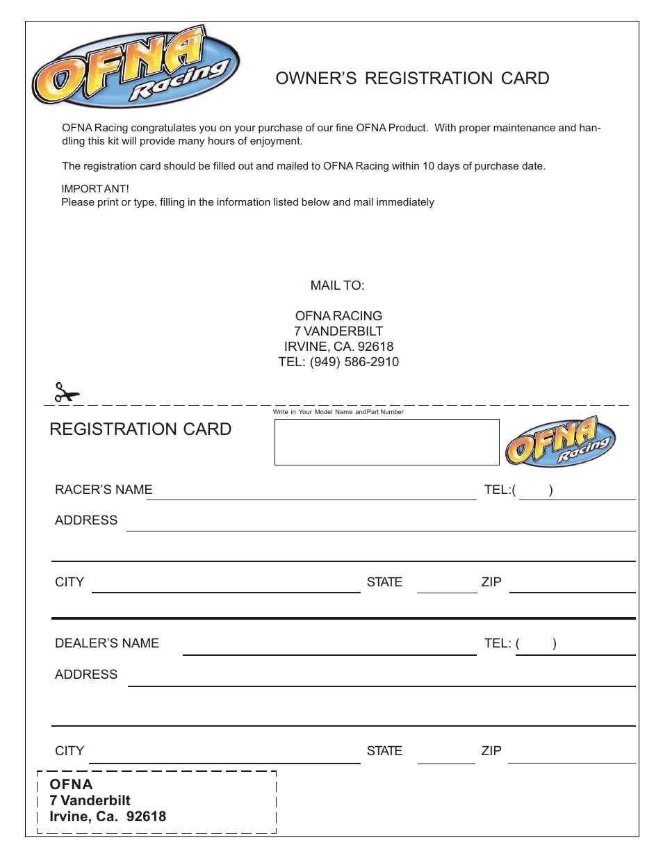 Owner’s registration card registration card | OFNA Racing Ultra LX 2e RTR User Manual | Page 43 / 44