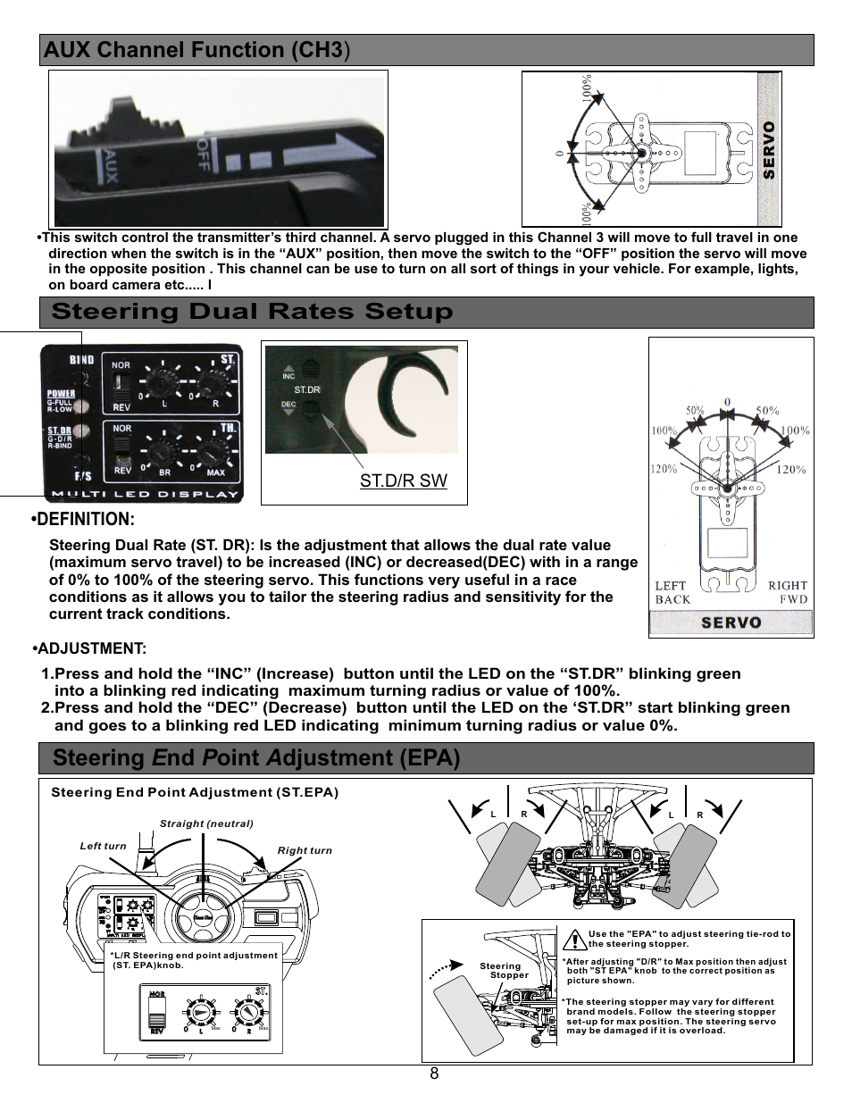 Steering e nd p oint a djustment (epa), Aux channel function (ch3 ), Steering dual rates setup | Definition, St.d/r sw | OFNA Racing Ultra LX 2e RTR User Manual | Page 8 / 44