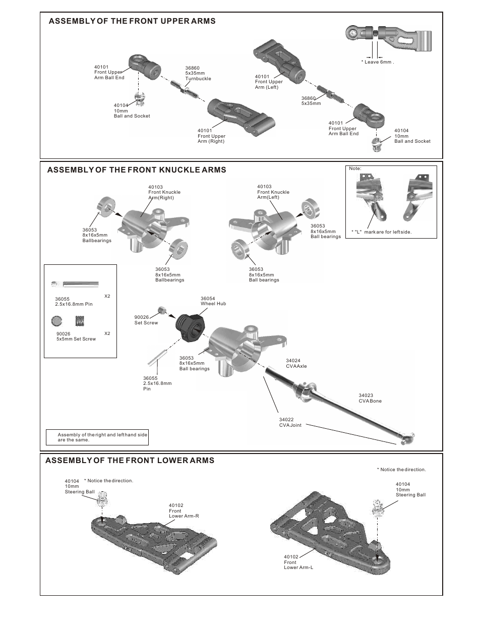 Assembly of the front upper arms, Assembly of the front knuckle arms, Assembly of the front lower arms | OFNA Racing Ultra LX Comp User Manual | Page 10 / 46