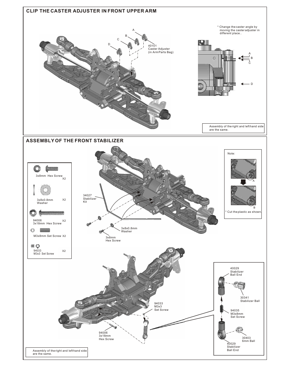 Clip the caster adjuster in front upper arm, Assembly of the front stabilizer | OFNA Racing Ultra LX Comp User Manual | Page 12 / 46