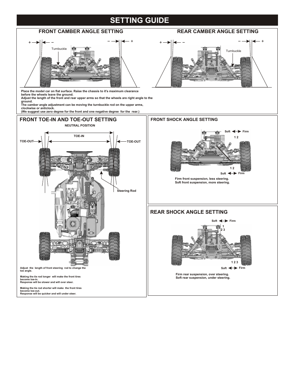 Setting guide, Front toe-in and toe-out setting, Rear shock angle setting | OFNA Racing Ultra LX Comp User Manual | Page 27 / 46