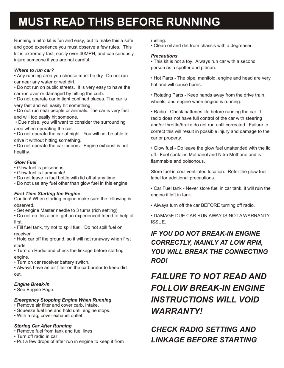 Must read this before running, Failure to not read and, Follow break-in engine | Instructions will void, Warranty, Check radio setting and, Linkage before starting, If you do not break-in engine, Correctly, mainly at low rpm, You will break the connecting | OFNA Racing Ultra LX Comp User Manual | Page 3 / 46