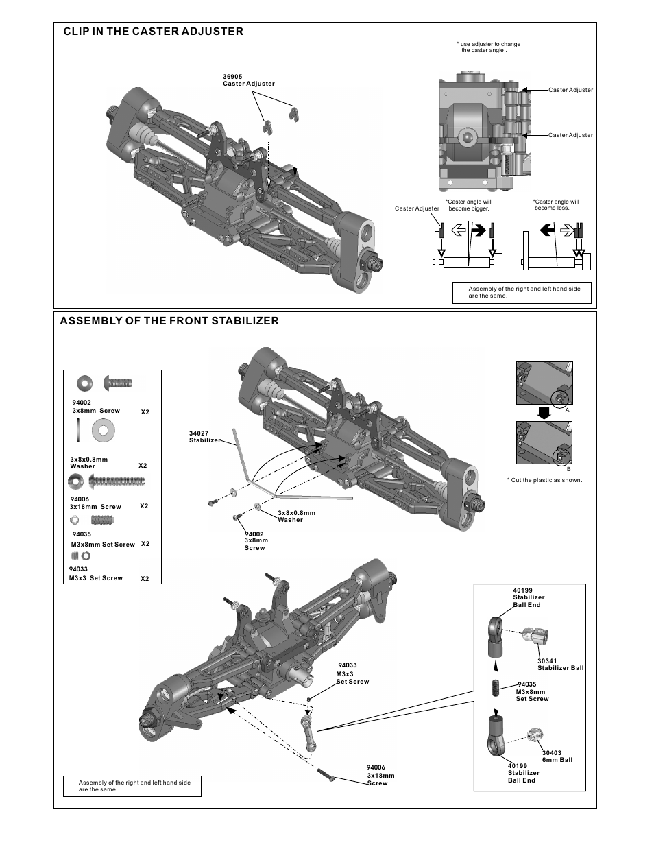 Clip in the caster adjuster, Assembly of the front stabilizer | OFNA Racing Ultra MBX Comp User Manual | Page 12 / 40