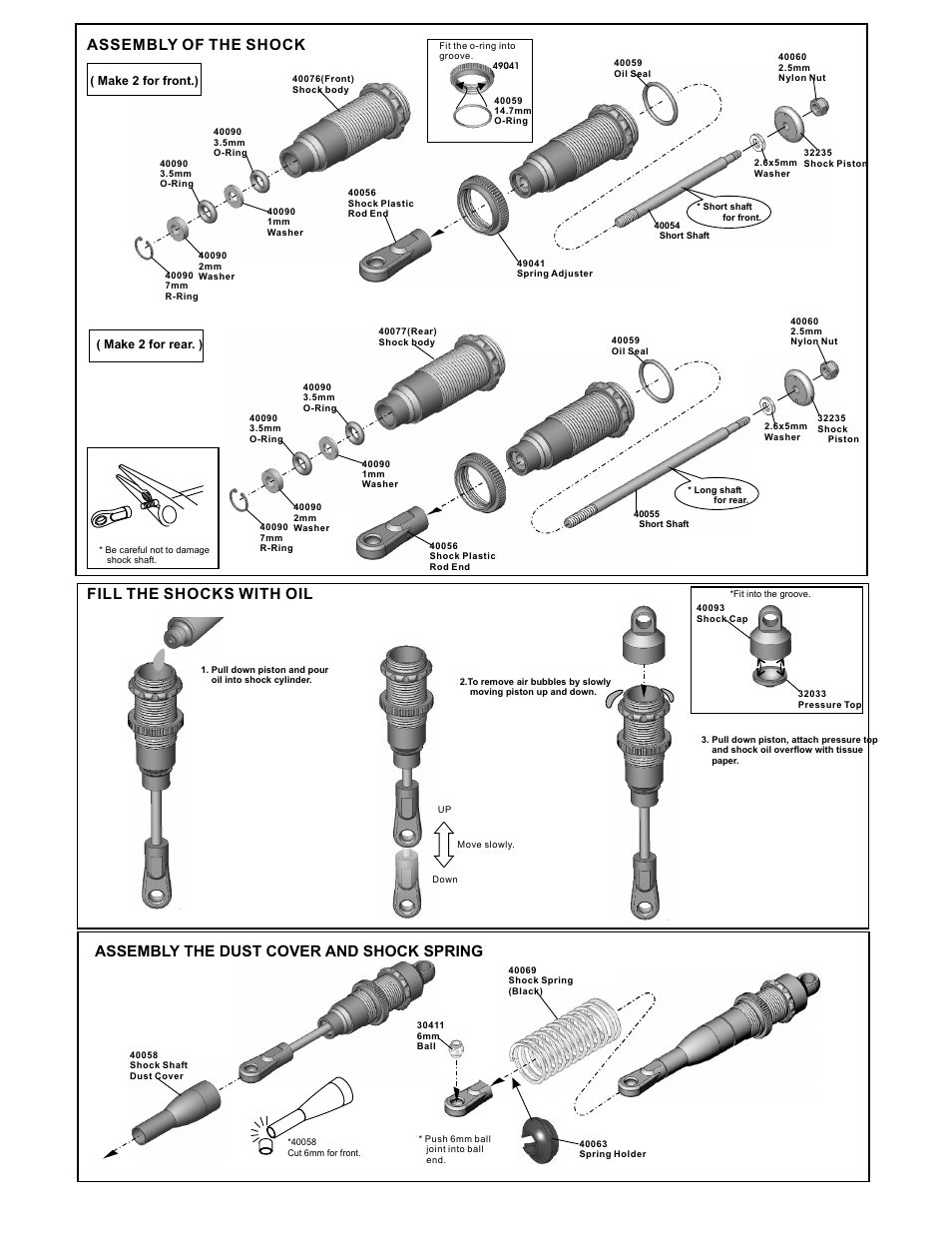 Assembly of the shock, Fill the shocks with oil, Assembly the dust cover and shock spring | OFNA Racing Ultra MBX Comp User Manual | Page 24 / 40