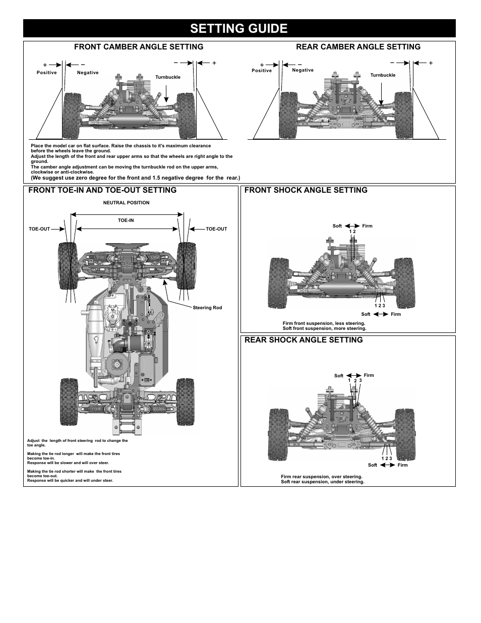 Setting guide, Front toe-in and toe-out setting, Rear shock angle setting | Front shock angle setting | OFNA Racing Ultra MBX Comp User Manual | Page 27 / 40