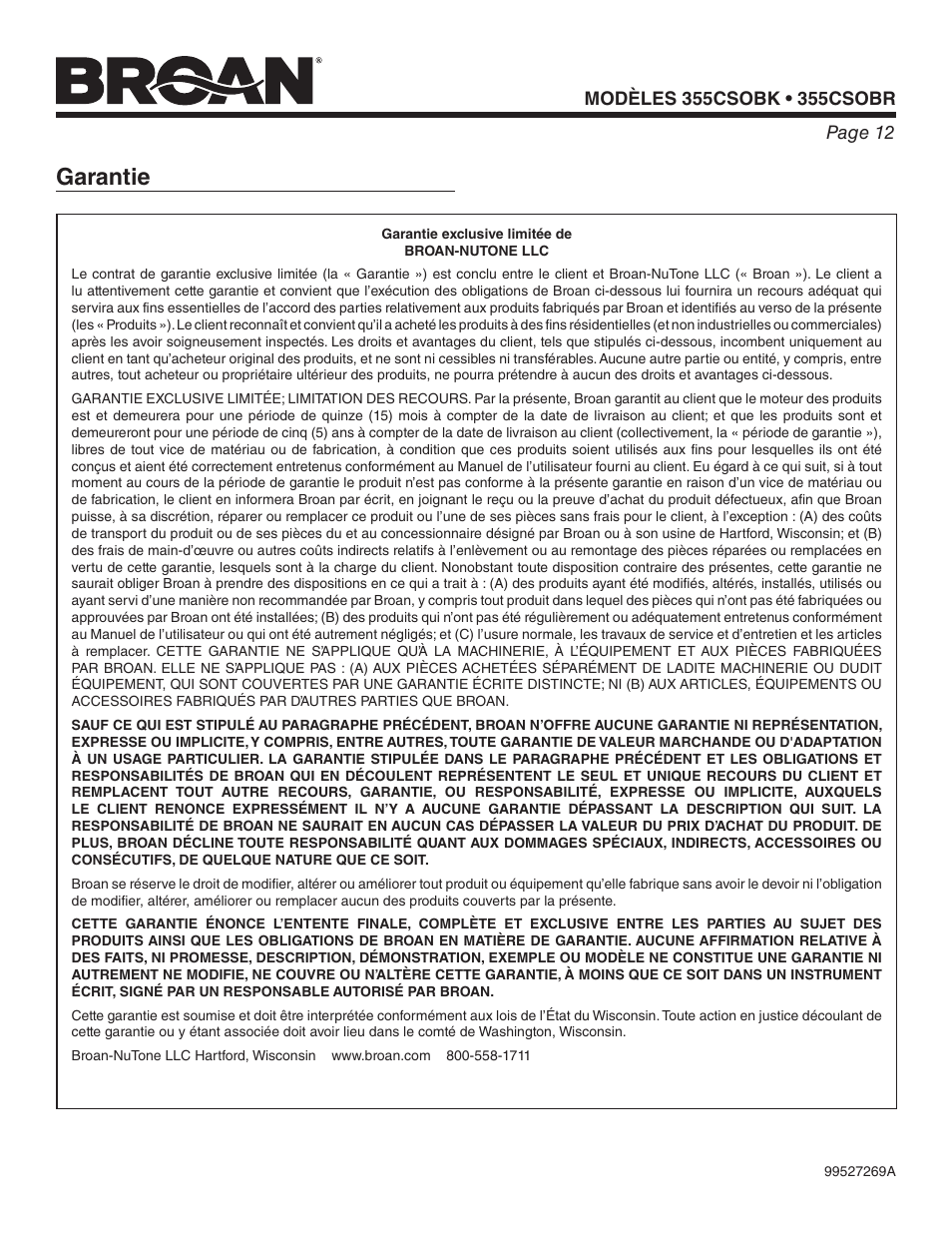 Garantie | Broan ROOF-MOUNT CURB SOLAR POWERED ATTIC VENTILATOR 355CSOBK User Manual | Page 12 / 20