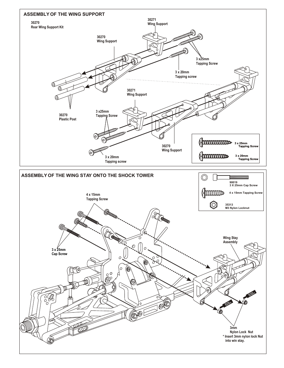 Assembly of the wing support, Assembly of the wing stay onto the shock tower | OFNA Racing Ultra MBX Pro User Manual | Page 17 / 33