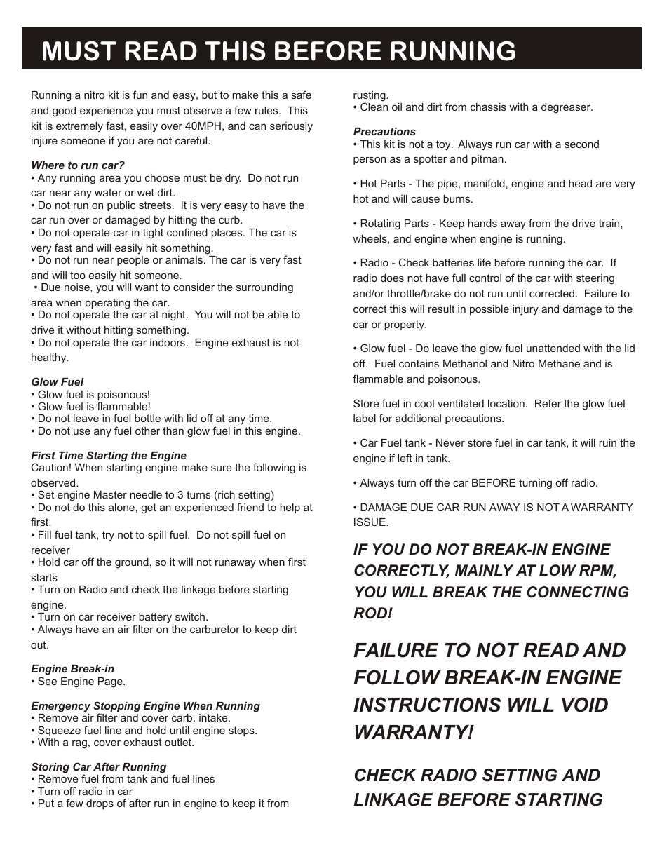 Must read this before running, Failure to not read and, Follow break-in engine | Instructions will void, Warranty, Check radio setting and, Linkage before starting, If you do not break-in engine, Correctly, mainly at low rpm, You will break the connecting | OFNA Racing Ultra MBX Pro User Manual | Page 3 / 33