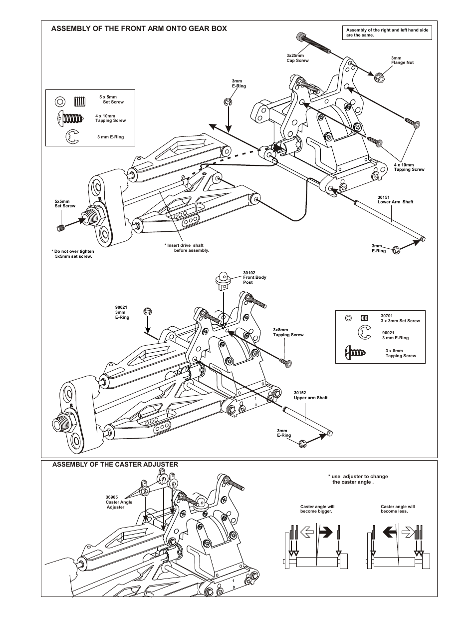 Assembly of the front arm onto gear box, Assembly of the caster adjuster | OFNA Racing Ultra MBX R2 User Manual | Page 10 / 31