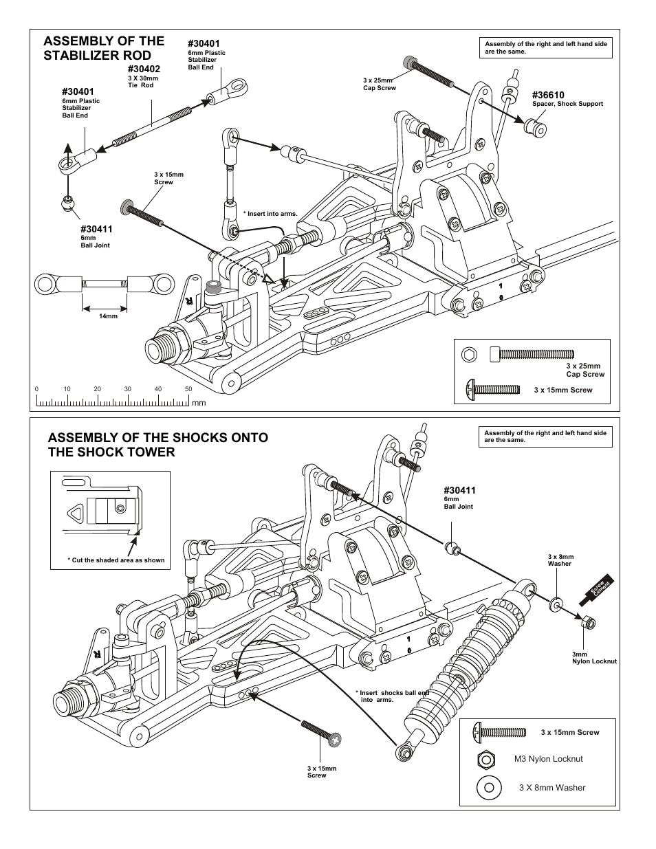 Assembly of the stabilizer rod, Assembly of the shocks onto the shock tower | OFNA Racing Worlds II User Manual | Page 14 / 35