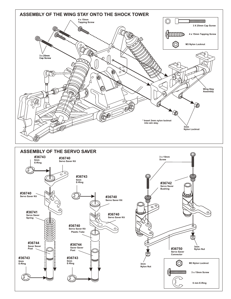 Assembly of the wing stay onto the shock tower, Assembly of the servo saver | OFNA Racing Worlds II User Manual | Page 19 / 35