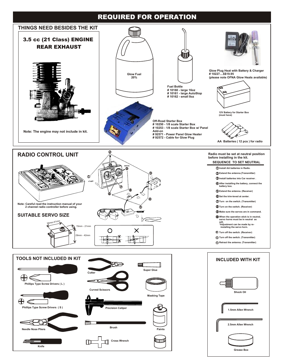 Plastic parts used, Required for operation, Radio control unit | Things need besides the kit, 5 cc (21 class) engine rear exhaust, Tools not included in kit, Included with kit, Suitable servo size | OFNA Racing Worlds II User Manual | Page 2 / 35