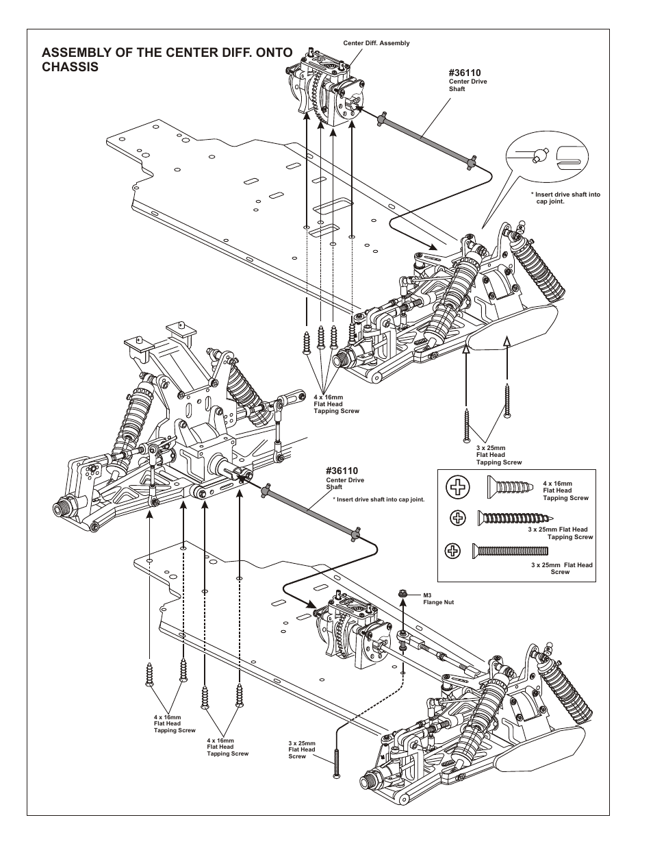 Assembly of the stone guard, Assembly of the rear torque rod, Assembly of the center diff. onto chassis | OFNA Racing Worlds II User Manual | Page 22 / 35