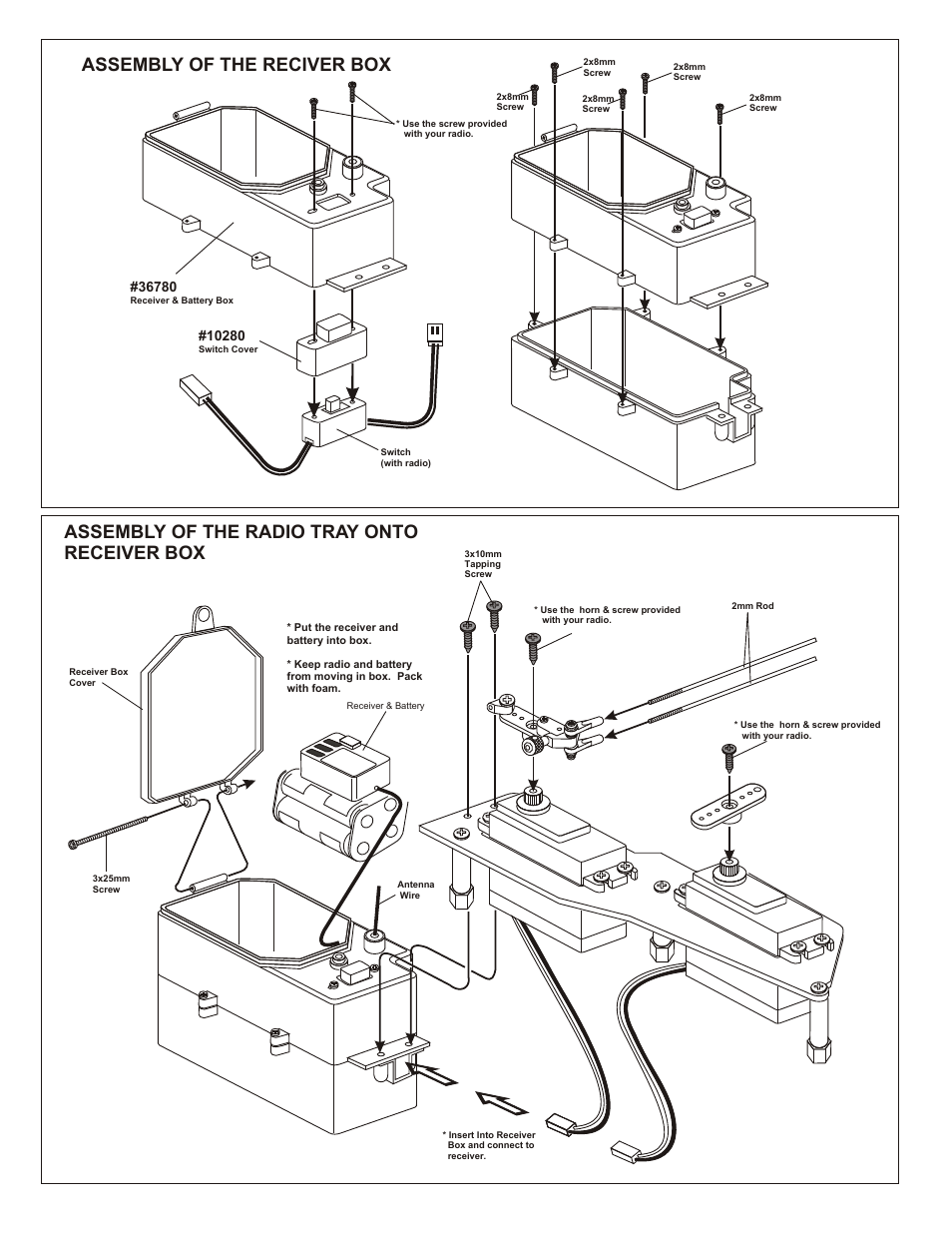 Assembly of the radio tray onto chassis, Assembly of the throttle linkage system, Assembly of the reciver box | Assembly of the radio tray onto receiver box | OFNA Racing Worlds II User Manual | Page 28 / 35