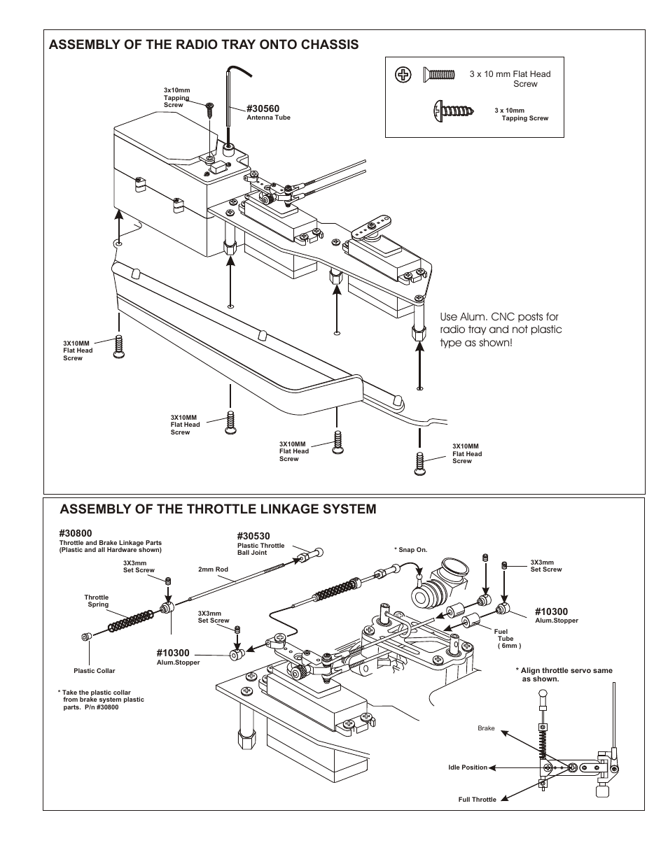 Assembly of the radio tray onto chassis, Assembly of the throttle linkage system, Assembly of the reciver box | Assembly of the radio tray onto receiver box | OFNA Racing Worlds II User Manual | Page 29 / 35