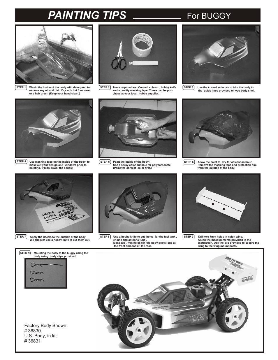 Painting tips, For buggy, Assembly of the tires, foam inserts and wheels | Starting of the engine | OFNA Racing Worlds II User Manual | Page 33 / 35