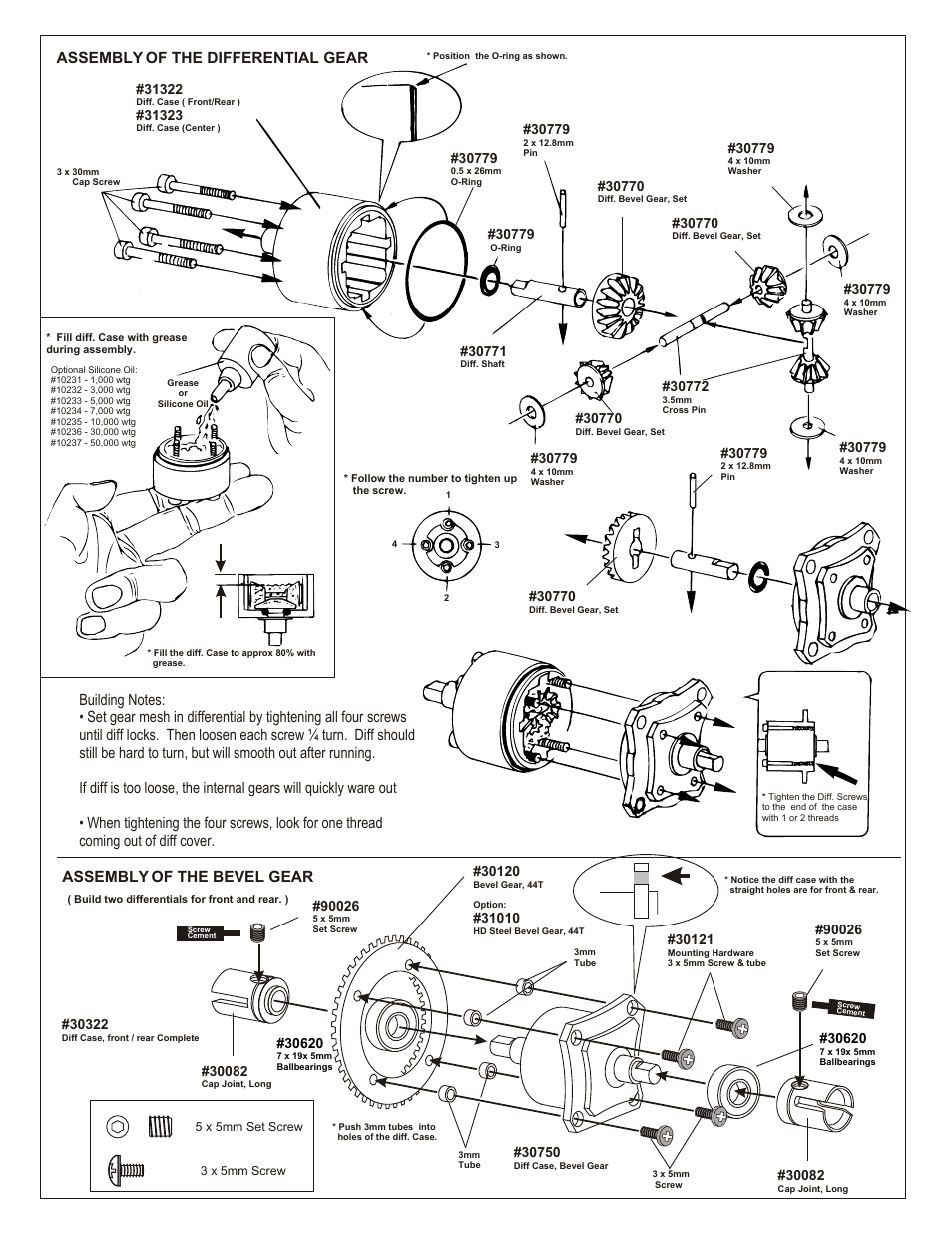 Shock assembly filling the shocks with oil, Assembly of the differential gear, Assembly of the bevel gear | Assembly of the spring | OFNA Racing Worlds II User Manual | Page 5 / 35