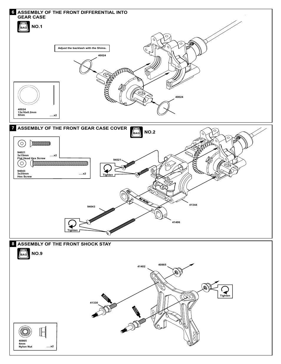 Assembly of the front gear case cover, No.1, No.2 | 8assembly of the front shock stay, No.9 | OFNA Racing X3 Sabre User Manual | Page 14 / 54
