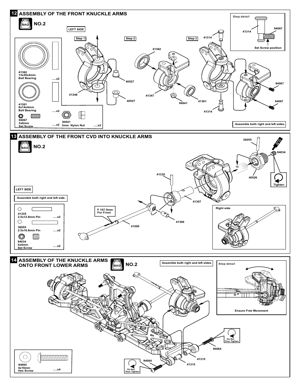 12 assembly of the front knuckle arms no.2, 13 assembly of the front cvd into knuckle arms, No.2 | OFNA Racing X3 Sabre User Manual | Page 16 / 54
