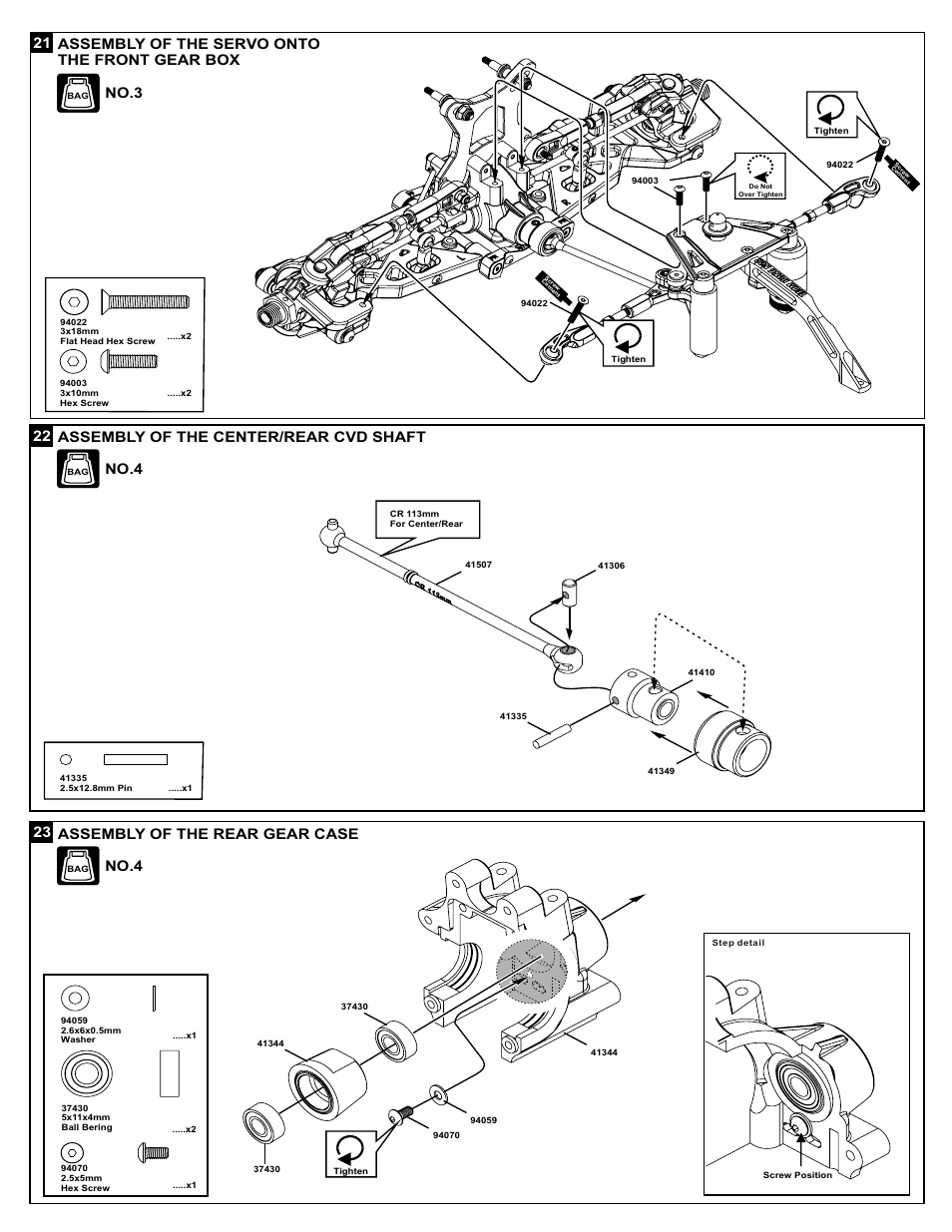 22 assembly of the center/rear cvd shaft no.4, 23 no.4, Assembly of the rear gear case | OFNA Racing X3 Sabre User Manual | Page 19 / 54