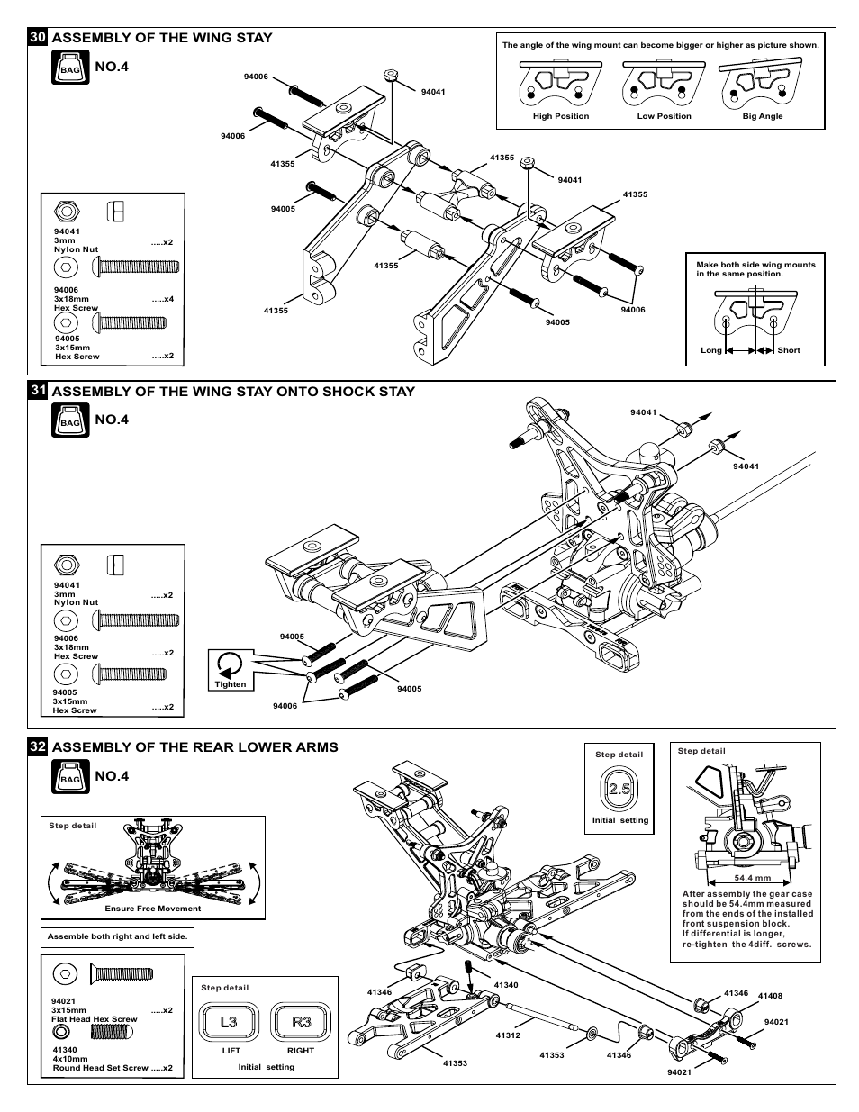 30 assembly of the wing stay no.4, 31 32 assembly of the rear lower arms, Assembly of the wing stay onto shock stay | No.4 | OFNA Racing X3 Sabre User Manual | Page 22 / 54