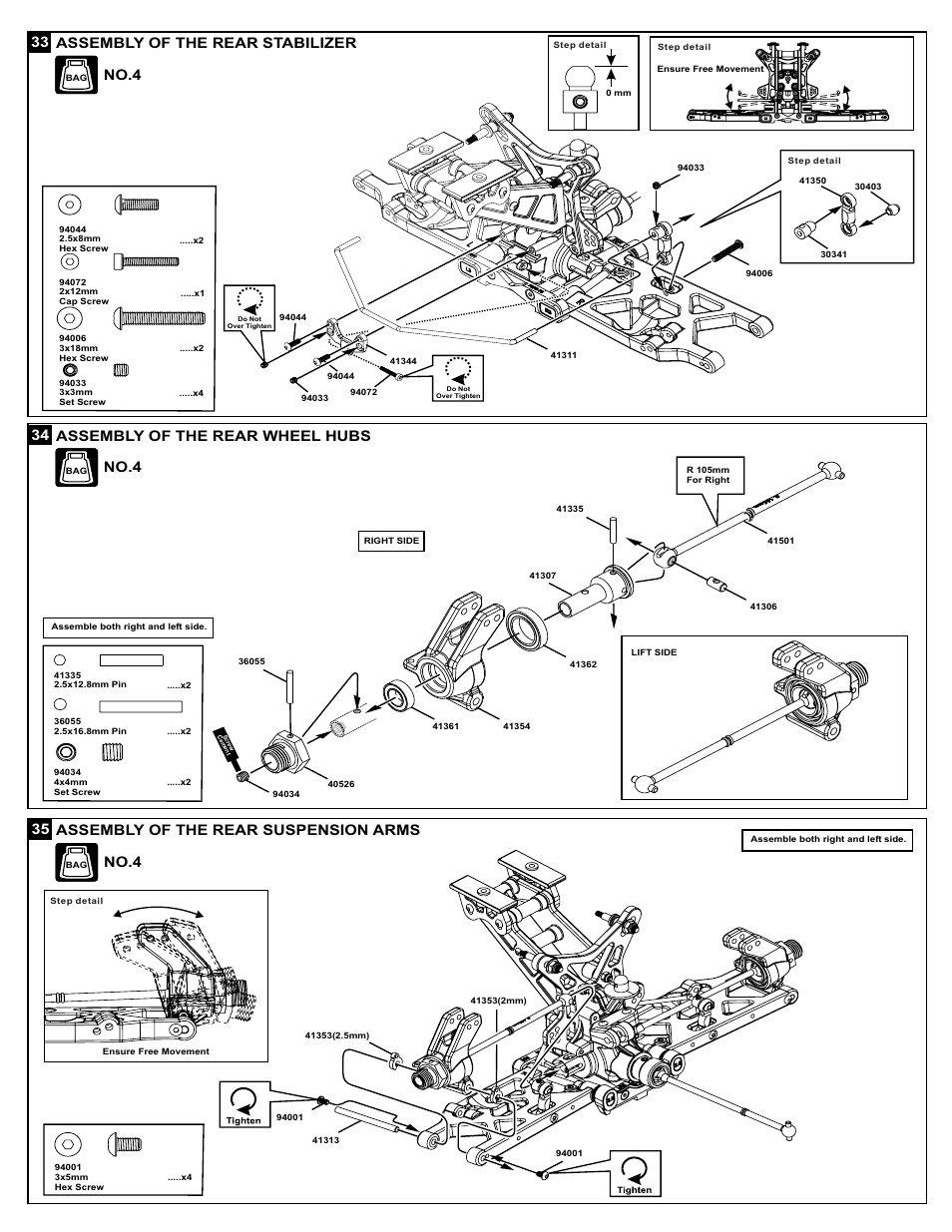 35 assembly of the rear suspension arms no.4, 33 assembly of the rear stabilizer, No.4 | 34 assembly of the rear wheel hubs no.4 | OFNA Racing X3 Sabre User Manual | Page 23 / 54