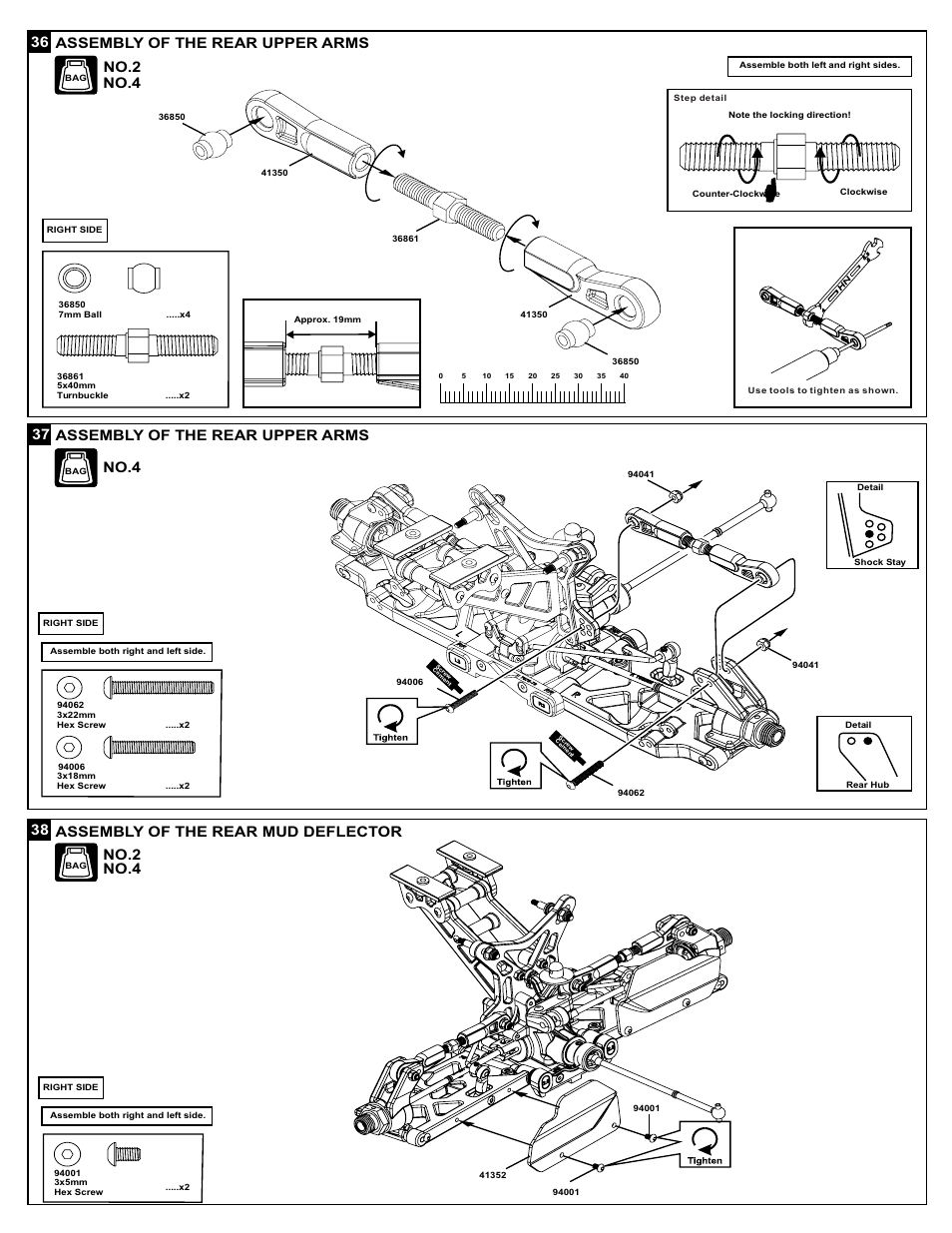 36 assembly of the rear upper arms 37, 38 assembly of the rear mud deflector, Assembly of the rear upper arms no.4 | No.2, No.4 | OFNA Racing X3 Sabre User Manual | Page 24 / 54