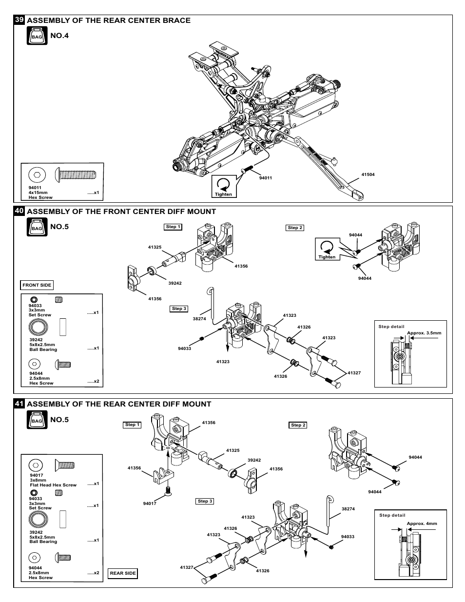 39 assembly of the rear center brace no.4, 40 assembly of the front center diff mount no.5, Assembly of the rear center diff mount | No.5 | OFNA Racing X3 Sabre User Manual | Page 25 / 54