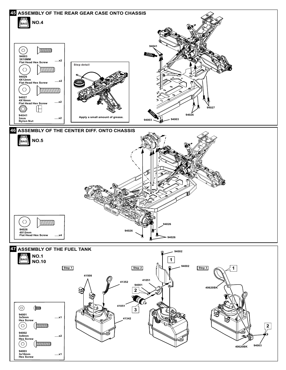 47 assembly of the fuel tank, No.4, Assembly of the rear gear case onto chassis | No.10 | OFNA Racing X3 Sabre User Manual | Page 27 / 54