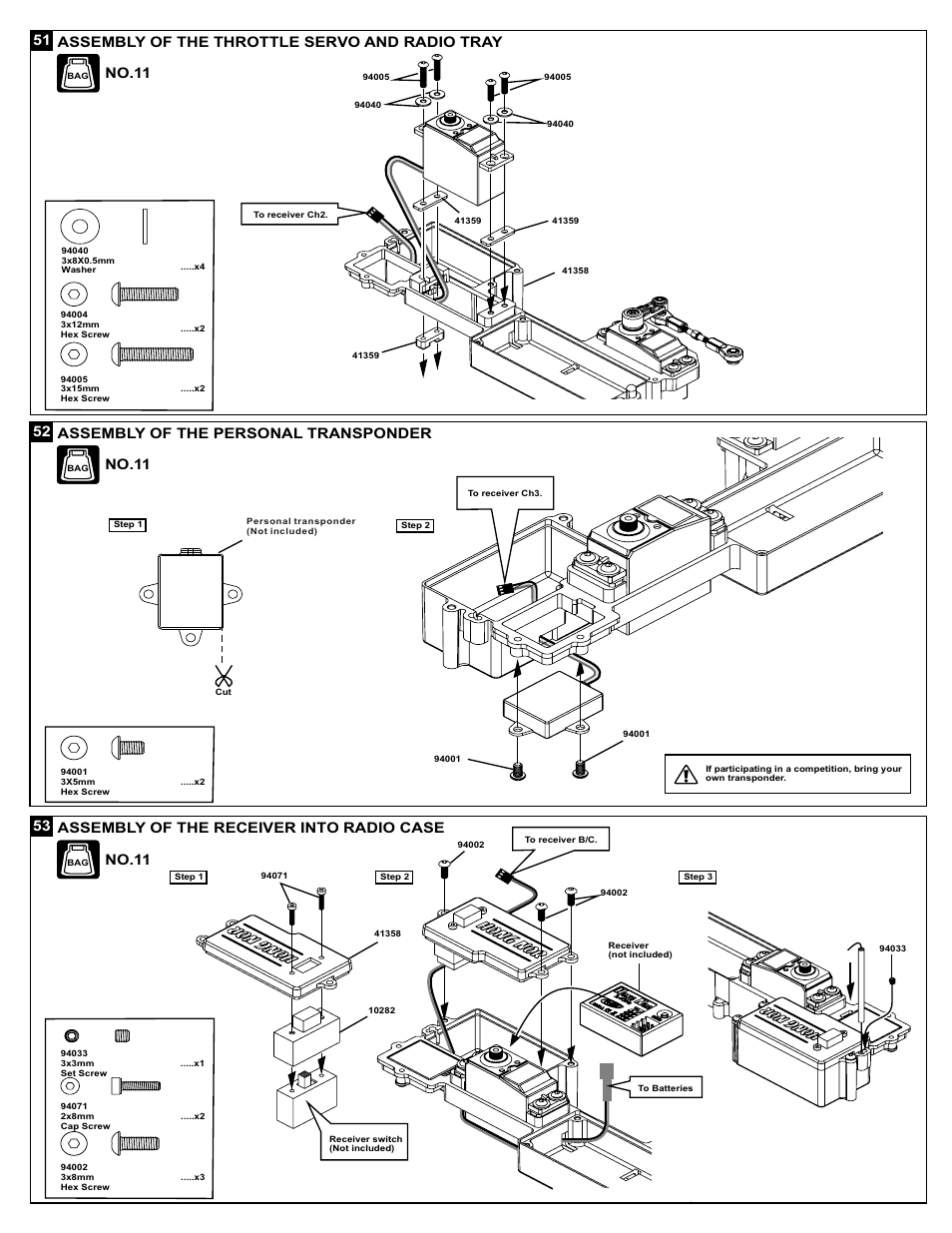 No.11, Assembly of the throttle servo and radio tray, Assembly of the receiver into radio case | OFNA Racing X3 Sabre User Manual | Page 29 / 54