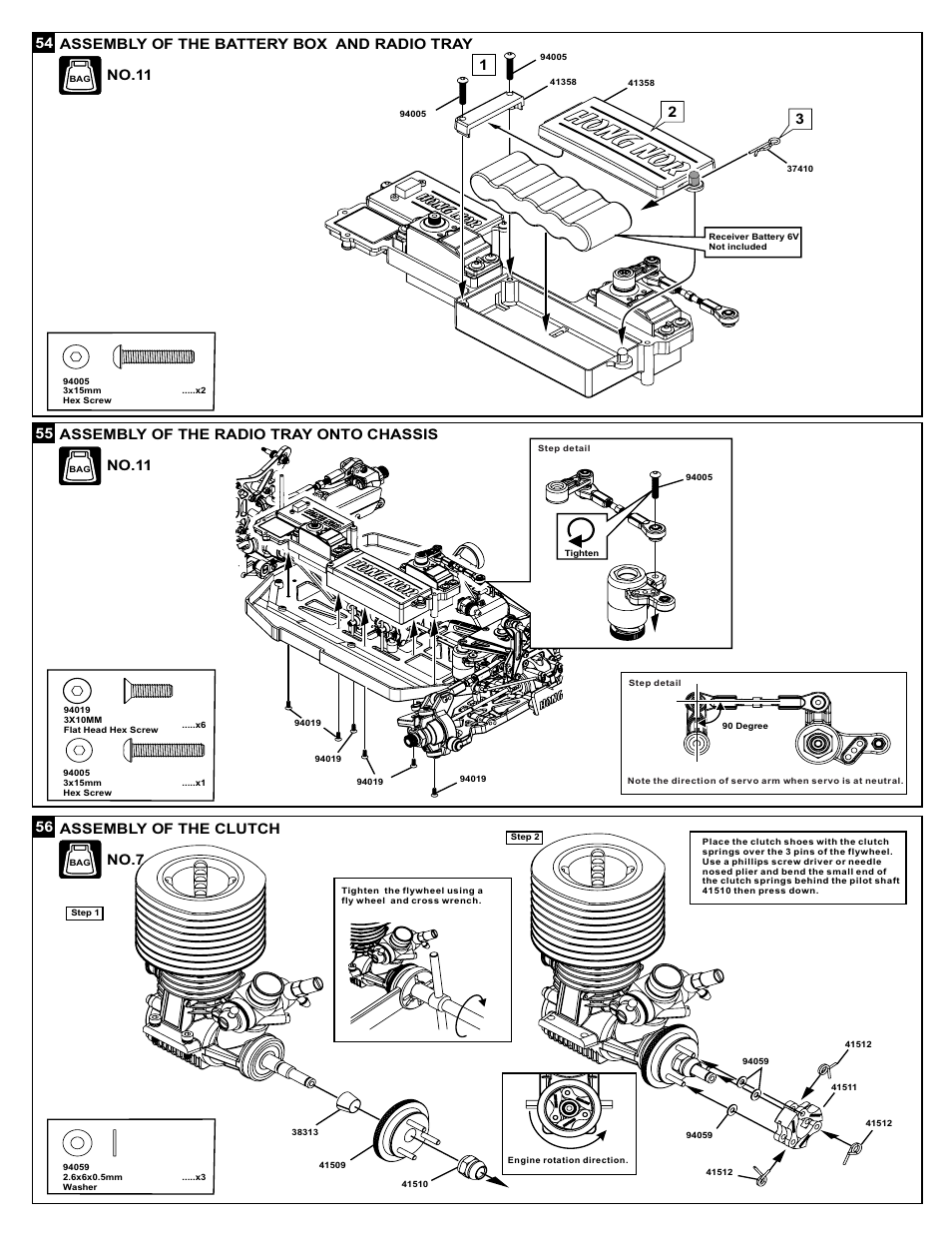 No.11, Assembly of the battery box and radio tray, Assembly of the clutch 56 | OFNA Racing X3 Sabre User Manual | Page 30 / 54