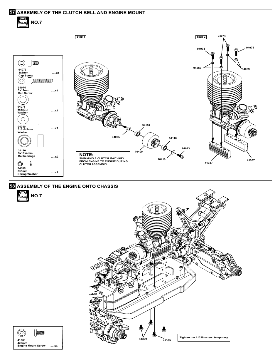 Assembly of the clutch bell and engine mount, 58 assembly of the engine onto chassis no.7 | OFNA Racing X3 Sabre User Manual | Page 31 / 54